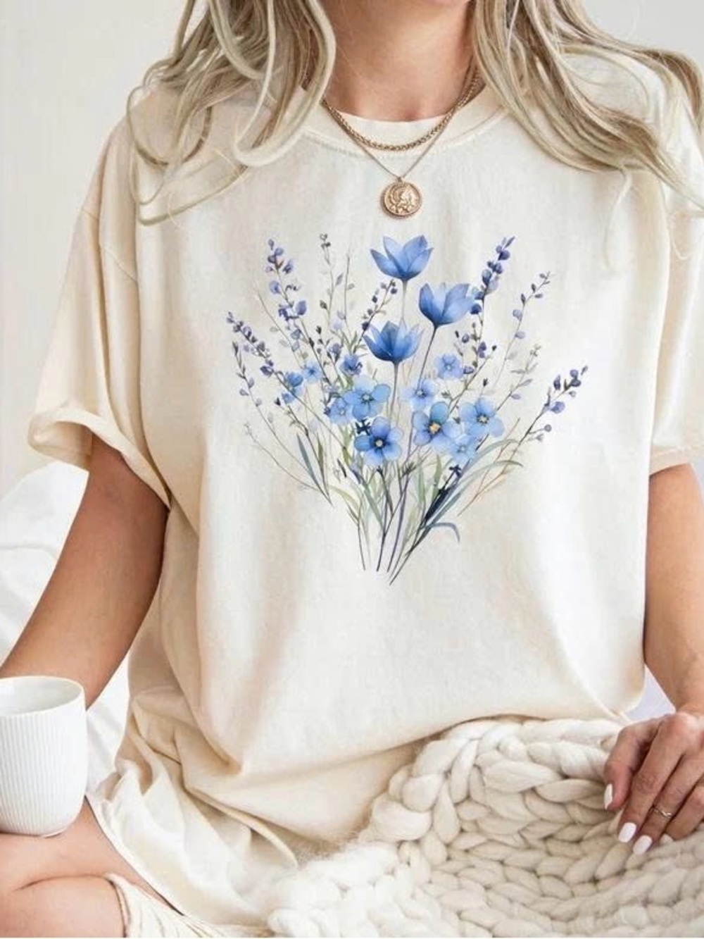 Blue Wildflower Bouquet Cottagecore Cream Graphic Tee
